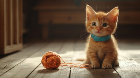 A playful ginger kitten wearing a bright blue collar, sitting on a wooden floor, with a ball of yarn tangled around its paws, looking mischievous and cute.の素材