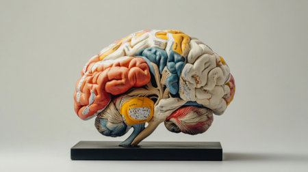 A model of the human brain, showing the different lobes and sections, with labels or color coding for an educational look, isolated on a clean background.の素材