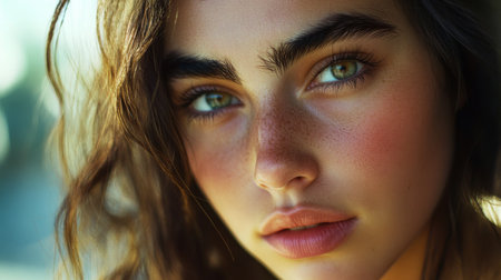 A natural beauty shot focusing on thick, bushy eyebrows on a young womans face, emphasizing the trend of full, untrimmed brows with soft natural lighting.の素材