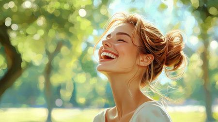A playful portrait of a woman with a messy bun and a few loose strands, laughing and enjoying a sunny day at the park, embodying a carefree and natural beauty.の素材