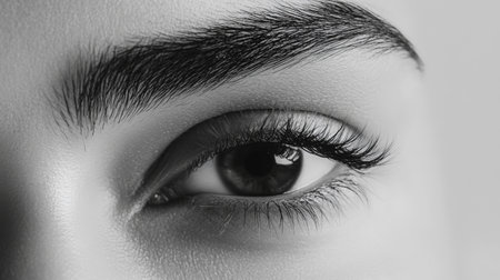 A minimalist beauty image focusing on a pair of well-groomed, thick eyebrows, with flawless skin and natural lighting, perfect for a beauty tutorial or skincare concept.の素材