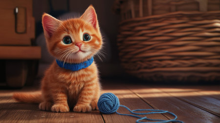 A playful ginger kitten wearing a bright blue collar, sitting on a wooden floor, with a ball of yarn tangled around its paws, looking mischievous and cute.の素材