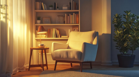 A relaxing reading nook in a living room with a comfy armchair, a small bookshelf, and a side table with a cup of tea, inviting tranquility and leisure.の素材
