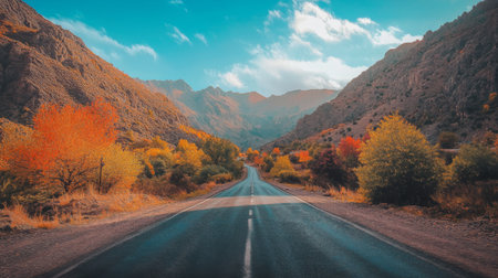 A scenic shot of a picturesque mountain road during autumn, with colorful foliage lining the sides, creating a stunning contrast against the blue sky.の素材