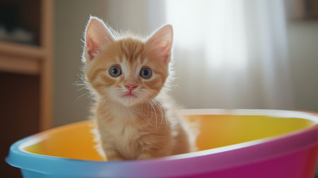 A playful shot of a curious kitten exploring a colorful litter box, with soft fur and bright eyes, capturing the innocent curiosity of young cats in a home setting.の素材