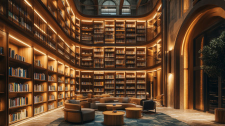 A serene interior of a modern library with tall shelves filled with books, soft lighting, and cozy reading nooks inviting patrons to explore and enjoy their favorite titles.の素材