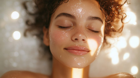 A serene image of a woman with a natural makeup look, featuring soft blush and light eyeliner, enjoying a moment of self-care in a cozy, well-lit bathroom.の素材