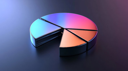 A sleek metallic D pie chart with separated slices, each segment reflecting light differently, set against a dark gradient background for a high-tech feel.の素材