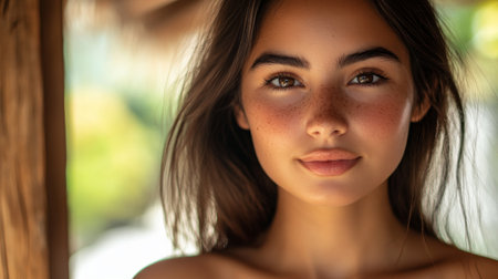 A young woman with clear skin and bright eyes, her face illuminated by soft sunlight, showcasing a fresh and natural look with no visible makeup.の素材