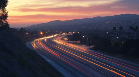 A scenic view of an expressway at dusk, with the last rays of sunlight illuminating the road and distant buildings, creating a peaceful yet vibrant atmosphere for evening travelers.の素材