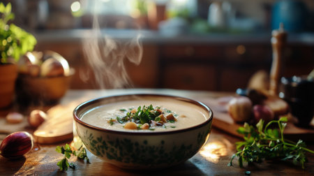 A steaming bowl of creamy chestnut soup garnished with fresh herbs, served in a cozy kitchen setting with warm lighting, creating an inviting atmosphere.の素材