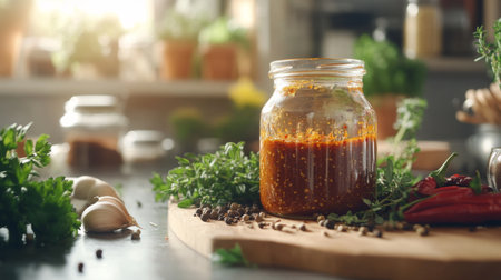 A spicy condiment jar filled with homemade chili paste, surrounded by fresh herbs and whole spices, set on a kitchen counter with a warm, inviting atmosphere.の素材