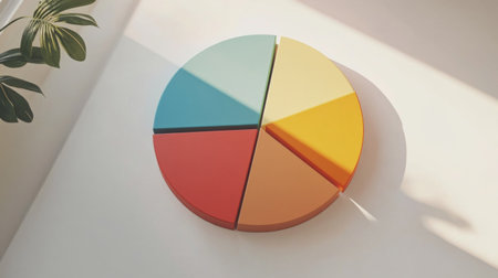 A simple, clear pie chart illustrating household financial planning, with different categories for savings, bills, and leisure, presented on a clean white surface.の素材