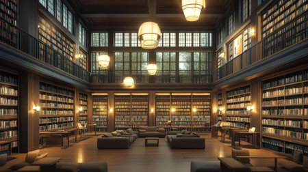 A serene library interior filled with rows of bookshelves, cozy seating areas, and soft lighting, providing a tranquil environment for study and reflection.の素材