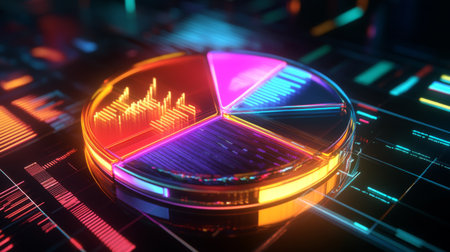 A vibrant D pie chart with glass-like translucent sections, illuminated from below, each segment labeled with financial data in a futuristic setting.の素材