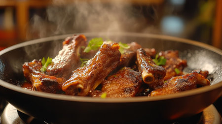 A sizzling skillet of fried pork ribs being served directly from the pan, with steam rising and a vibrant kitchen backdrop, highlighting the delicious preparation process.の素材
