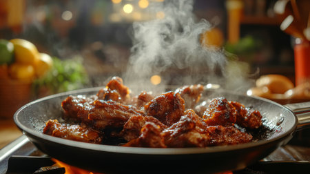 A sizzling skillet of fried pork ribs being served directly from the pan, with steam rising and a vibrant kitchen backdrop, highlighting the delicious preparation process.の素材