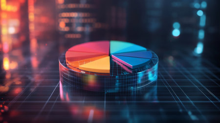 A transparent D pie chart with sleek, colorful sections rising from a reflective platform, showcasing business data against a dark backdrop with a glowing grid.の素材