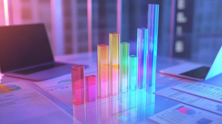 A professional financial bar chart with clear, colorful bars representing monthly income and expenses, placed on a clean workspace background with business documents and a laptop.の素材