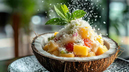 A refreshing image of a fruit salad served in a coconut shell, topped with shredded coconut and a splash of lime juice, capturing the tropical essence of the dish.の素材
