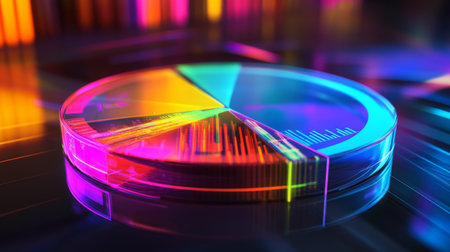 A vibrant D pie chart with glass-like translucent sections, illuminated from below, each segment labeled with financial data in a futuristic setting.の素材
