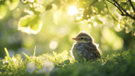 A serene shot of a baby bird resting on a soft patch of grass, with sunlight filtering through the trees, creating a peaceful atmosphere in a natural environment.の素材