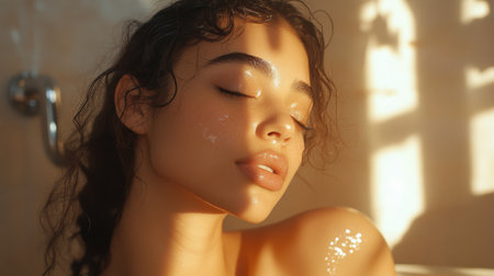 A serene image of a woman with a natural makeup look, featuring soft blush and light eyeliner, enjoying a moment of self-care in a cozy, well-lit bathroom.の素材