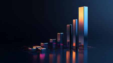 A sleek, futuristic D bar graph with metallic bars rising from a reflective surface, set against a dark gradient background, highlighting business growth.の素材