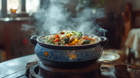 A steaming hot pot filled with colorful vegetables and spices, set on a rustic wooden table, inviting diners to enjoy a cozy and hearty meal together.の素材
