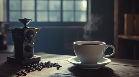 A steaming cup of freshly brewed coffee placed on a wooden table, surrounded by coffee beans and a vintage grinder, creating a cozy morning atmosphere.の素材