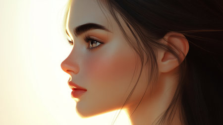 A side profile of a woman with defined, dark eyebrows, highlighting the clean and symmetrical lines with a smooth, soft background to accentuate her features.の素材