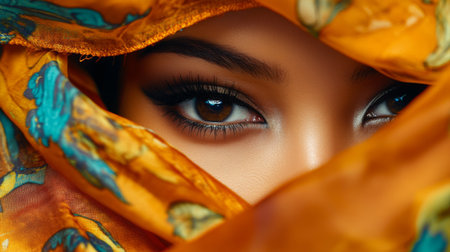 A woman's dark, expressive eyes peeking through a colorful silk scarf, creating a mysterious and alluring look with emphasis on her bold eyeliner.の素材