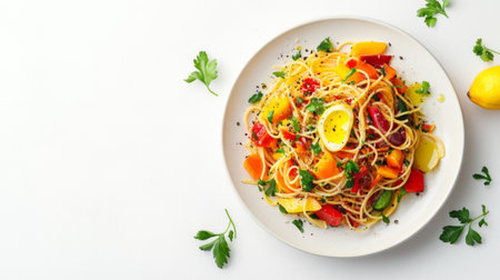 A top-down view of a colorful spaghetti dish with mixed vegetables, drizzled with olive oil and lemon, served on a beautiful plate against a white background.の素材