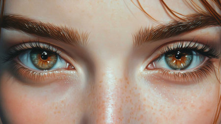 Extreme close-up of a woman's hazel eyes, showcasing the intricate details of her irises, with a soft glow in the surrounding skin and perfectly arched brows.の素材
