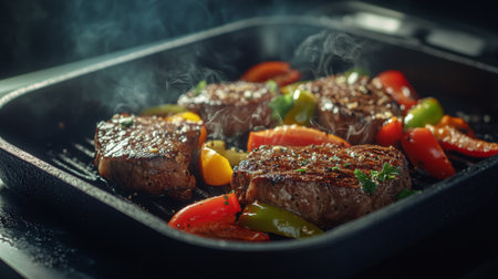 A striking photo of a hot grill pan with juicy steaks and colorful peppers sizzling, capturing the mouthwatering allure of grilled dishes ready to be served.の素材