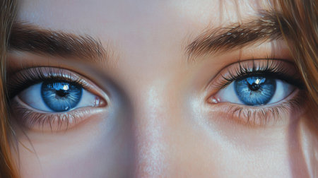 Close-up of a woman's captivating blue eyes, framed by long lashes and soft makeup, with light reflecting in her gaze, creating a mesmerizing effect.の素材