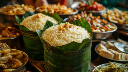A warm image of jasmine rice served in a banana leaf cup at a festive Thai market, surrounded by colorful dishes, capturing the essence of Thai street food culture.の素材