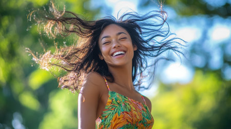 A dynamic shot of a woman twirling her long hair in a playful manner, wearing a bright sundress, with a vibrant green park background enhancing the joyful vibe.の素材