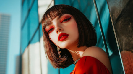A stylish portrait of a woman with a chic bob haircut, wearing bold makeup and a fashionable outfit, set against a modern urban backdrop, exuding confidence.の素材