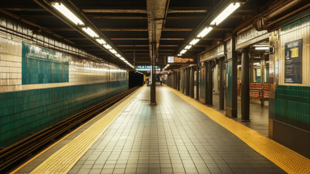 A serene image of an empty subway platform with soft lighting, creating a calm atmosphere, perfect for capturing the quieter moments of urban transportation.の素材