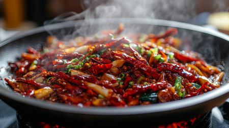 A sizzling skillet filled with stir-fried vegetables and red chilies, steam rising as the vibrant colors blend together, capturing the essence of a delicious meal preparation.の素材