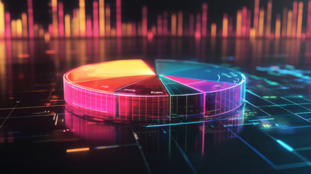 A transparent D pie chart with sleek, colorful sections rising from a reflective platform, showcasing business data against a dark backdrop with a glowing grid.の素材