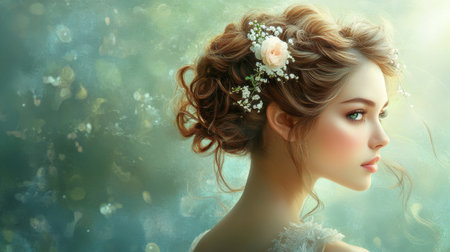 A serene portrait of a woman with an elegant updo, featuring soft curls and pinned flowers, set against a dreamy backdrop for a romantic atmosphere.の素材