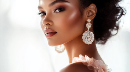 A stunning portrait of a model wearing statement earrings and a chic dress, captured in natural light, emphasizing the beauty and allure of high-fashion jewelry.の素材