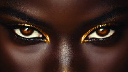 A womans striking amber eyes in focus, with bold makeup in earth tones and a confident, powerful expression, conveying strength and beauty.の素材