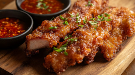 A mouthwatering close-up of juicy fried pork ribs, showing the crispy exterior and tender meat inside, placed on a wooden board with a side of spicy dipping sauce.の素材