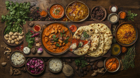 A vibrant spread of popular Indian dishes including butter chicken, naan, and biryani, beautifully arranged on a wooden table with spices and herbs surrounding them.の素材