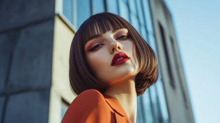 A stylish portrait of a woman with a chic bob haircut, wearing bold makeup and a fashionable outfit, set against a modern urban backdrop, exuding confidence.の素材
