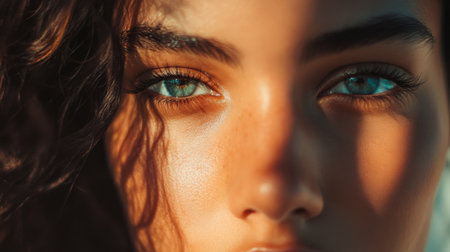 A woman's face focusing on her perfectly groomed eyebrows, with natural makeup and a soft glow, emphasizing the clean and symmetrical shape.の素材