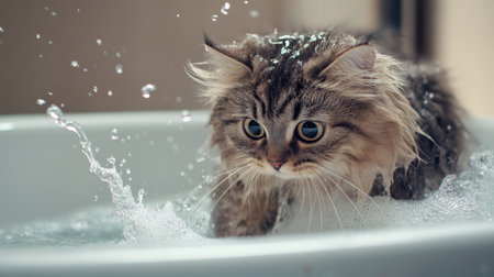 A playful image of a fluffy cat cautiously stepping into a bathtub filled with warm water, with splashes around, capturing the curiosity and hesitation of pets during bath time.の素材
